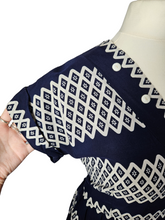 Load image into Gallery viewer, 1940s Navy and White Triangle Print Dress With Button Detail
