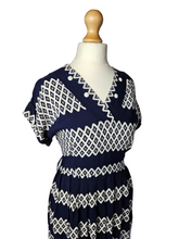 Load image into Gallery viewer, 1940s Navy and White Triangle Print Dress With Button Detail
