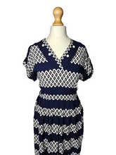 Load image into Gallery viewer, 1940s Navy and White Triangle Print Dress With Button Detail
