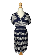 Load image into Gallery viewer, 1940s Navy and White Triangle Print Dress With Button Detail
