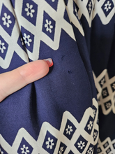 Load image into Gallery viewer, 1940s Navy and White Triangle Print Dress With Button Detail
