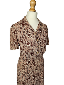 1940s Brown and Beige Floral Paisley Print Dress