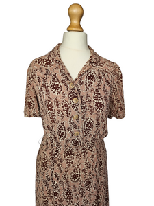 1940s Brown and Beige Floral Paisley Print Dress