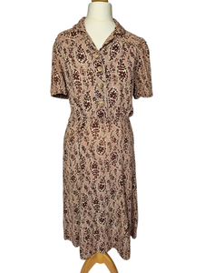 1940s Brown and Beige Floral Paisley Print Dress