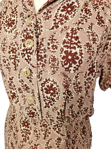 1940s Brown and Beige Floral Paisley Print Dress