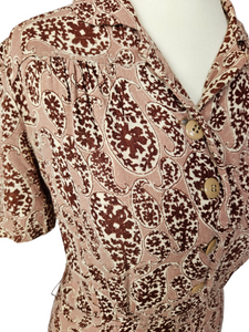 1940s Brown and Beige Floral Paisley Print Dress