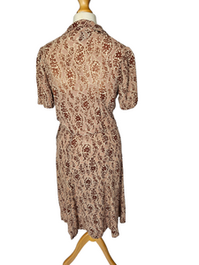 1940s Brown and Beige Floral Paisley Print Dress