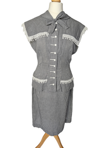 1940s Black and White Gingham Pom Pom Summer Suit