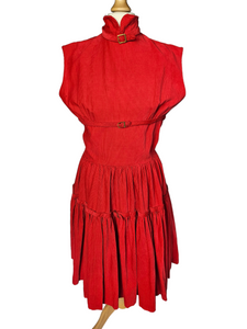 1950s Red Corduroy Buckle Dress