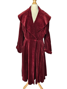 Late 1940s Burgundy Red Velvet Princess Coat