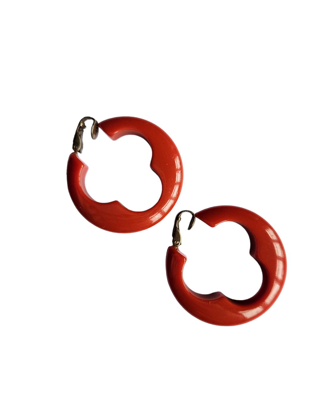 1940s Orangey Red Unusual Shape Bakelite Hoop Earrings