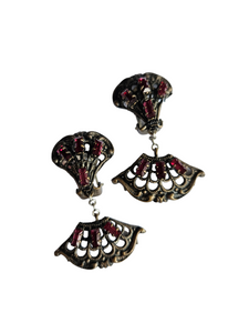 1930s Czech Red Glass Filigree Fan Earrings