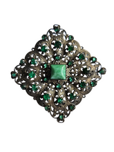 Load image into Gallery viewer, 1930s Mega Czech Green Glass Filigree Brooch
