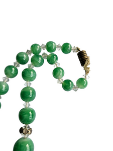 1930s Deco Green Marbled Glass and Rhinestone Necklace