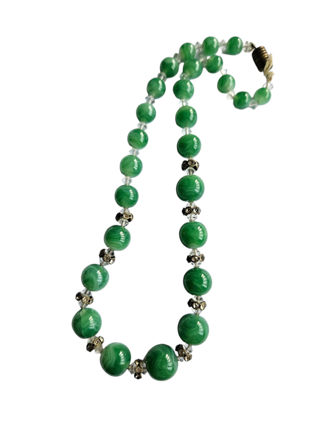 1930s Deco Green Marbled Glass and Rhinestone Necklace