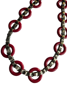 1930s Unusual Deco Metal and Red Necklace