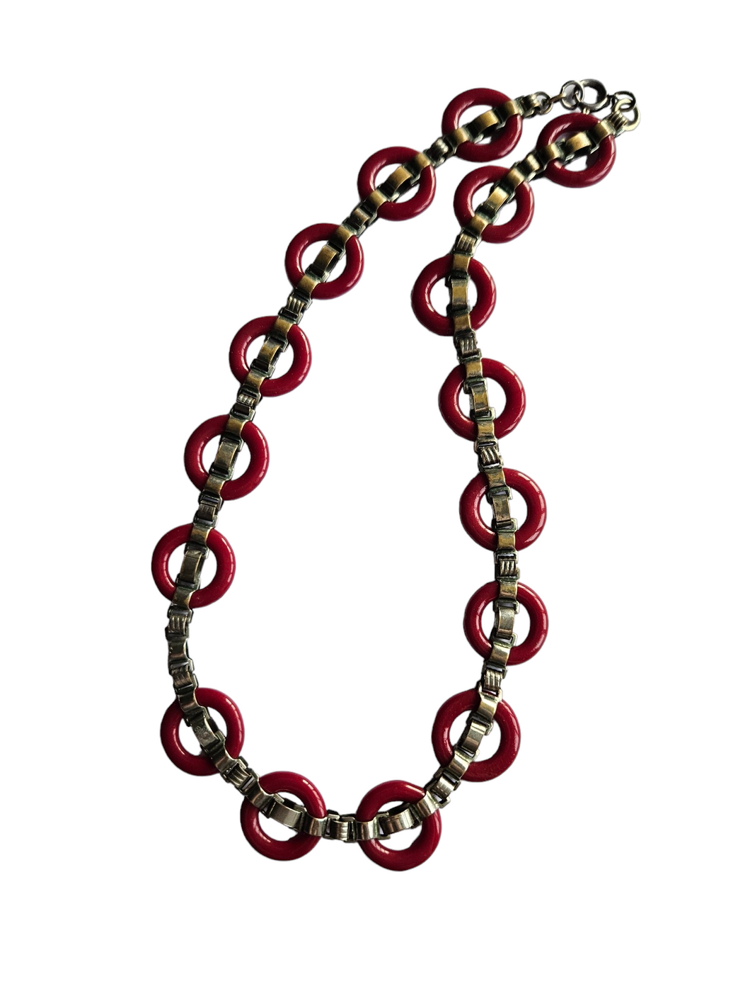 1930s Unusual Deco Metal and Red Necklace