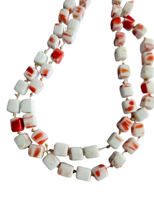 1940s Red and White Square Bead Knotted Long Necklace