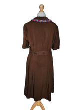 Load image into Gallery viewer, 1940s Brown And Rainbow Ribbon Dress With Peter Pan Collar

