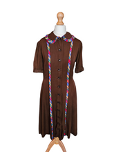 Load image into Gallery viewer, 1940s Brown And Rainbow Ribbon Dress With Peter Pan Collar
