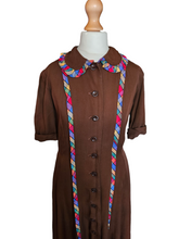 Load image into Gallery viewer, 1940s Brown And Rainbow Ribbon Dress With Peter Pan Collar
