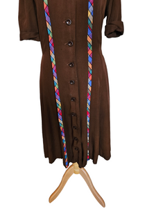 1940s Brown And Rainbow Ribbon Dress With Peter Pan Collar