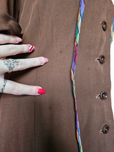 Load image into Gallery viewer, 1940s Brown And Rainbow Ribbon Dress With Peter Pan Collar
