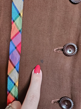 Load image into Gallery viewer, 1940s Brown And Rainbow Ribbon Dress With Peter Pan Collar
