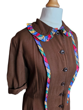 Load image into Gallery viewer, 1940s Brown And Rainbow Ribbon Dress With Peter Pan Collar
