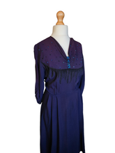 Load image into Gallery viewer, 1940s Dark Purple Crepe Beaded Soutache Dress
