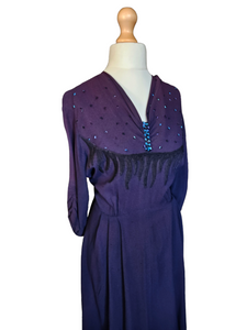 1940s Dark Purple Crepe Beaded Soutache Dress