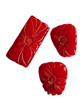 Load image into Gallery viewer, 1940s RARE Strawberry Red Carved Bakelite Brooch and Dress Clip Set
