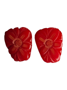 1940s RARE Strawberry Red Carved Bakelite Brooch and Dress Clip Set