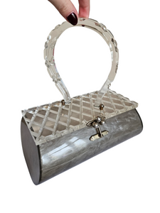 1950s Pearly Grey and Clear Lucite Box Bag