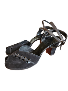 1940s Black Detailed Suede Ankle Strap Sandals