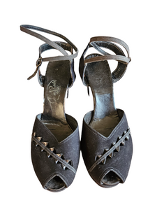 1940s Black Detailed Suede Ankle Strap Sandals