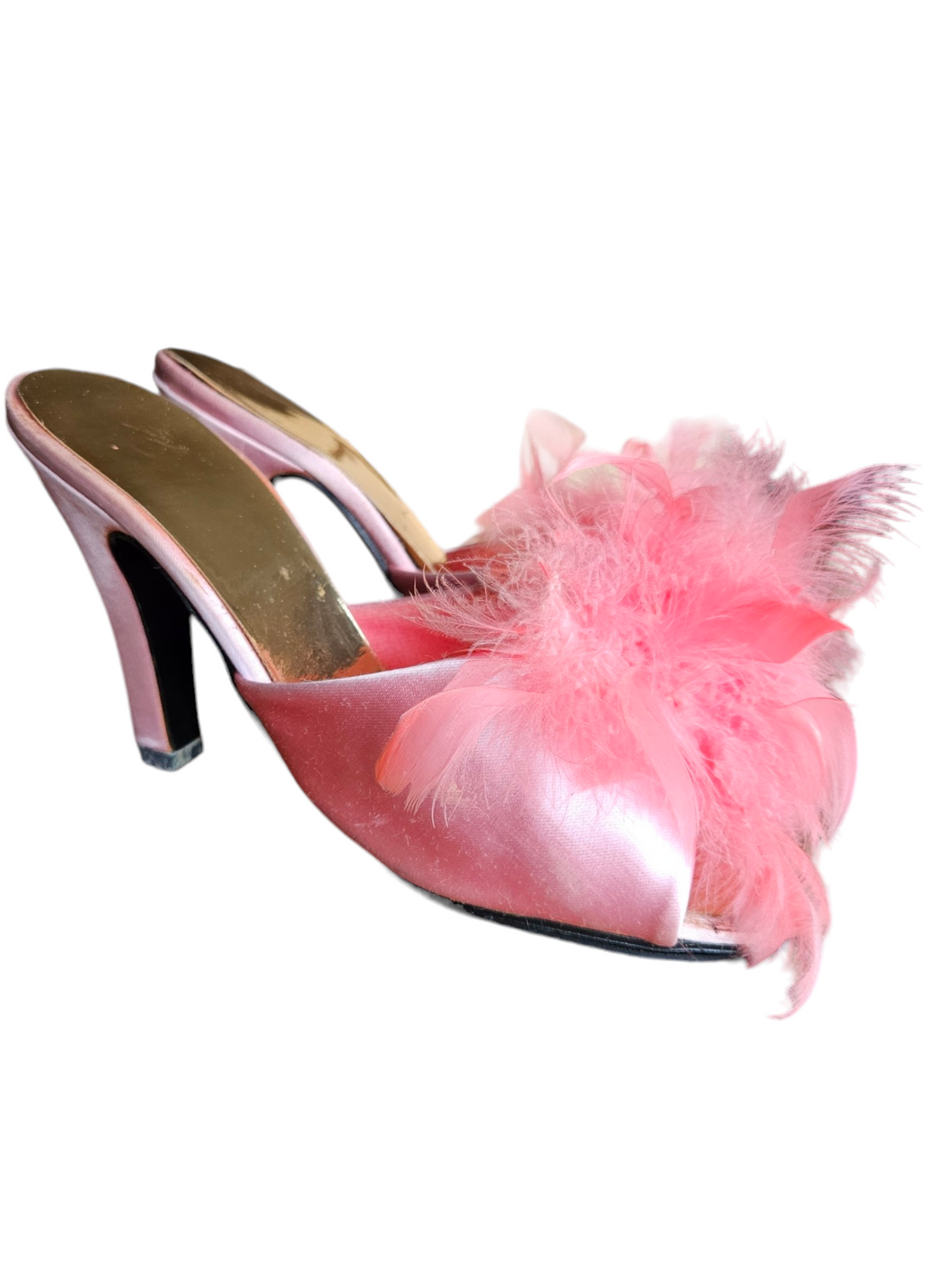 1950s Pink Feather Satin Mules