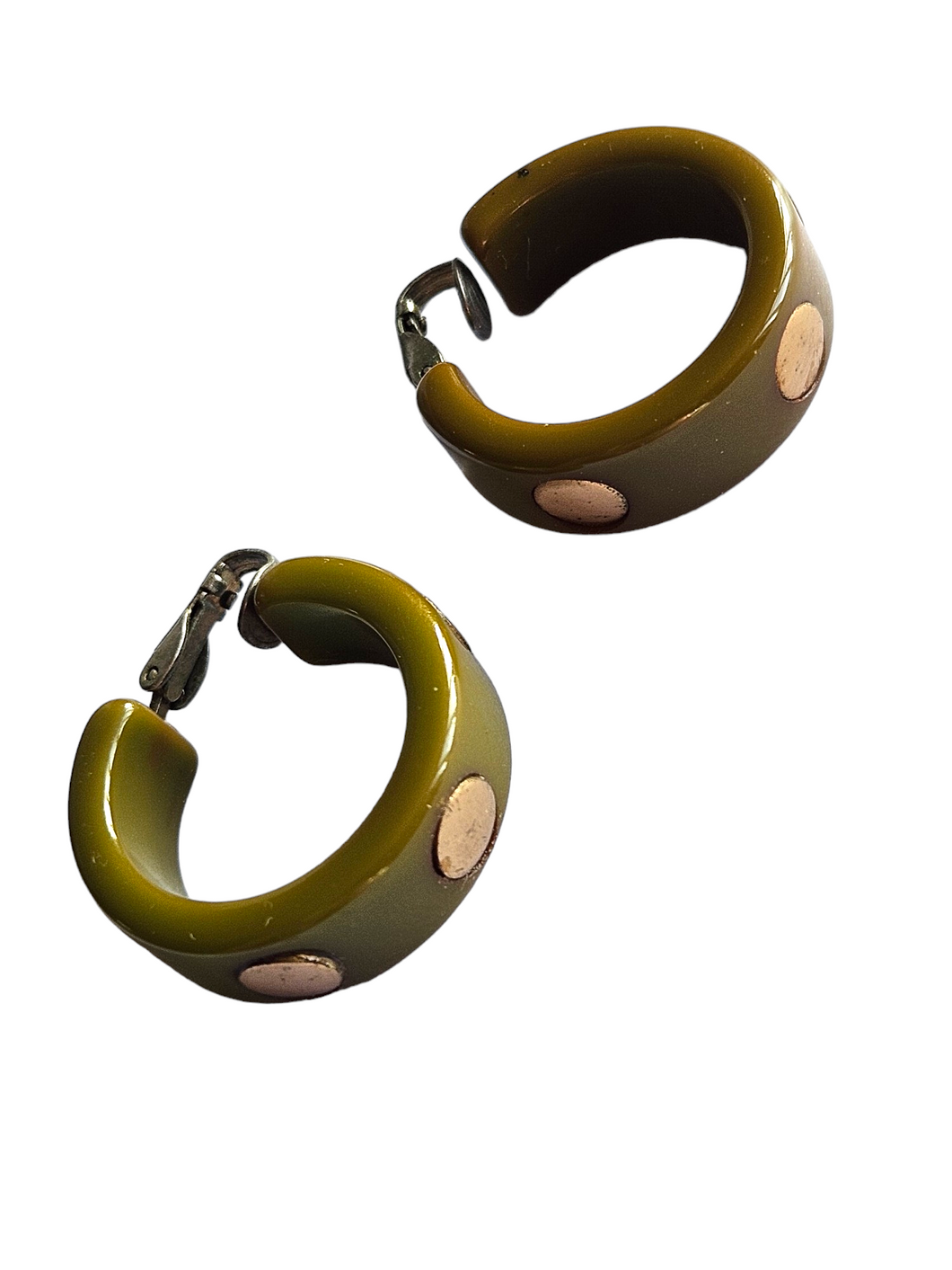 1940s Olive Green Studded Bakelite Hoop Earrings