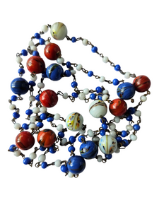 1940s Red, White and Blue Round Bead Glass Wire Necklace