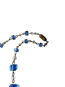 1930s Art Deco Blue Square Glass Rolled Wire Necklace