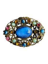 Load image into Gallery viewer, 1930s Czech Multicoloured and Blue Satin Glass Brooch
