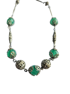 1930s Czech Green Glass Filigree Necklace