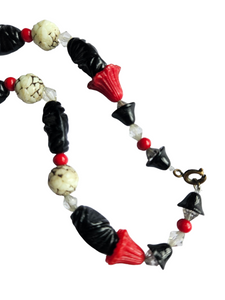 1930s Czech Black, Red and White Uranium Glass Necklace