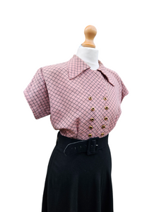 1940s Pink Checked And Black Colour Block Dress