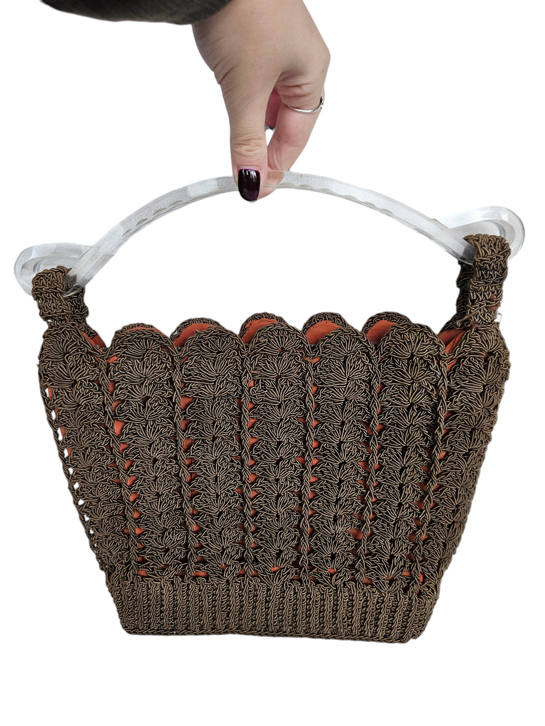 1940s Brown Crochet Bag With Chunky Lucite Handle