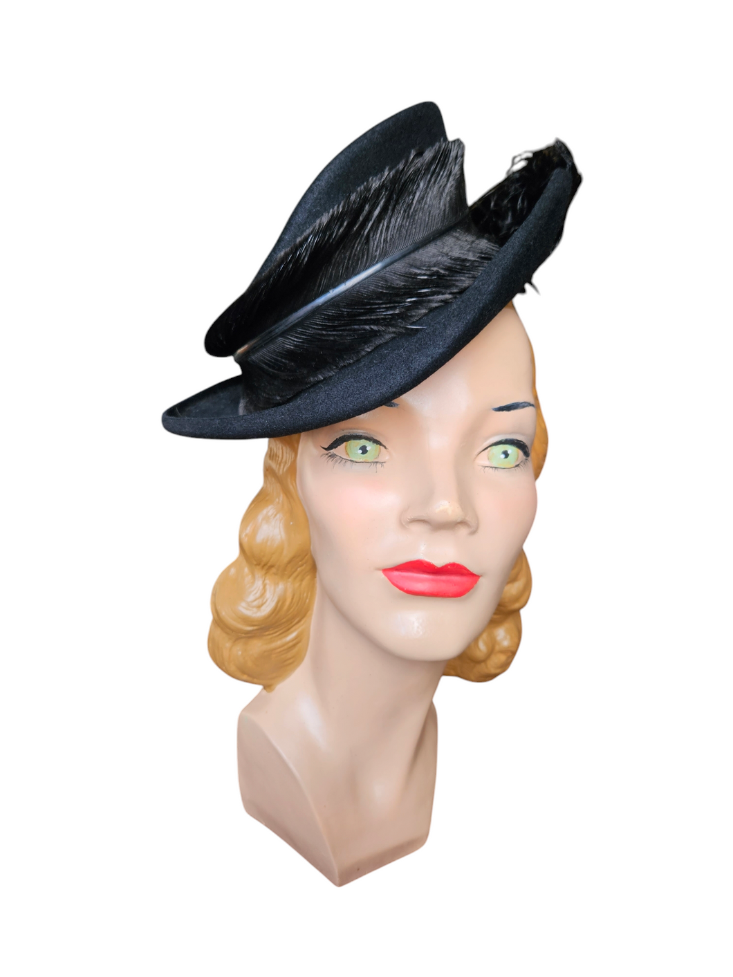 1940s Black Felt Tilt Hat With Huge Feather
