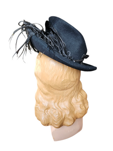 1940s Black Felt Tilt Hat With Huge Feather