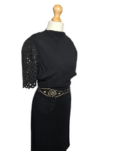 Load image into Gallery viewer, 1940s Black Crepe Beaded Waist and Lace Sleeve Dress
