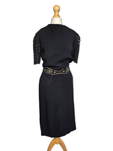 Load image into Gallery viewer, 1940s Black Crepe Beaded Waist and Lace Sleeve Dress
