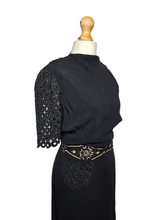 Load image into Gallery viewer, 1940s Black Crepe Beaded Waist and Lace Sleeve Dress
